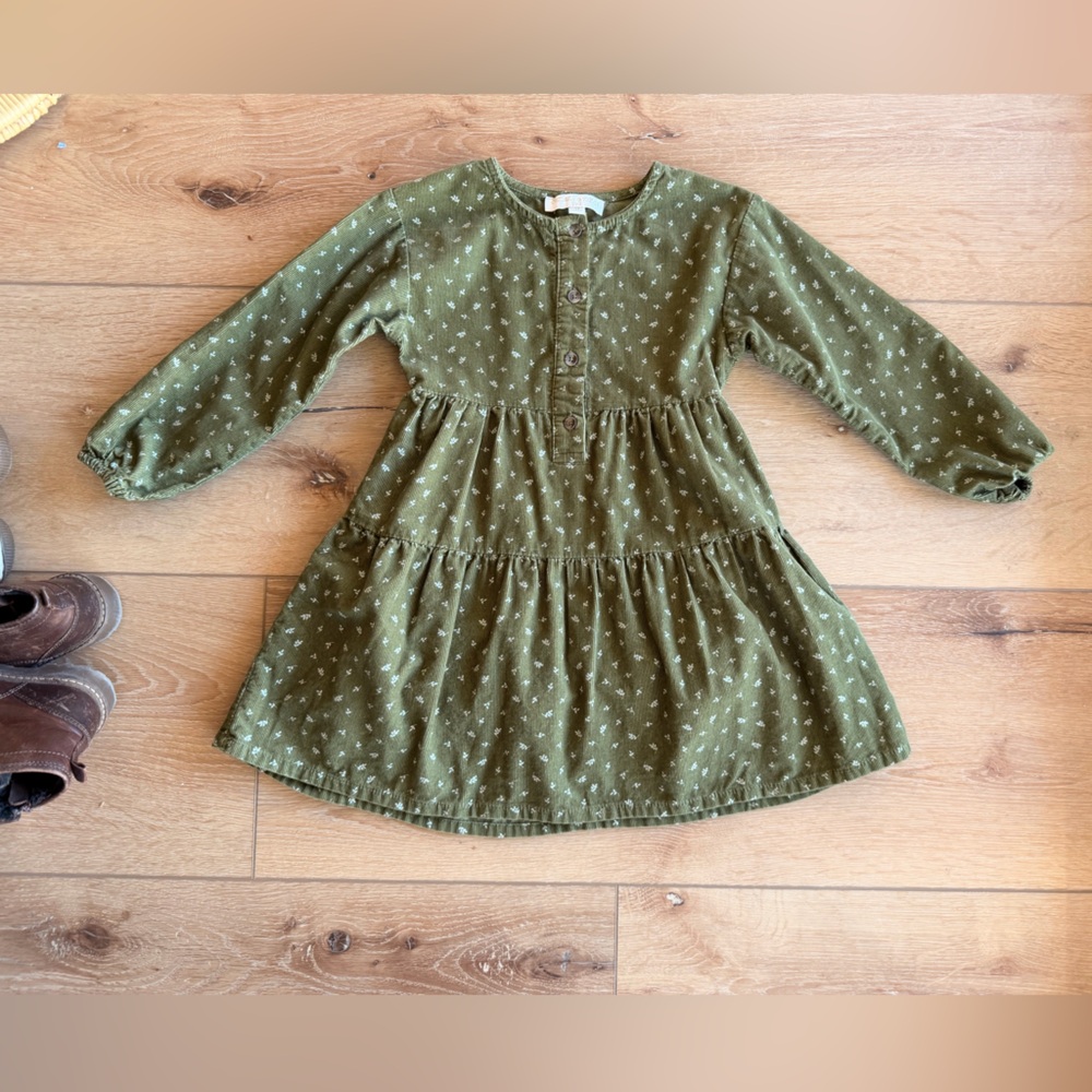Green Long-Sleeve corduroy floral toddler Dress